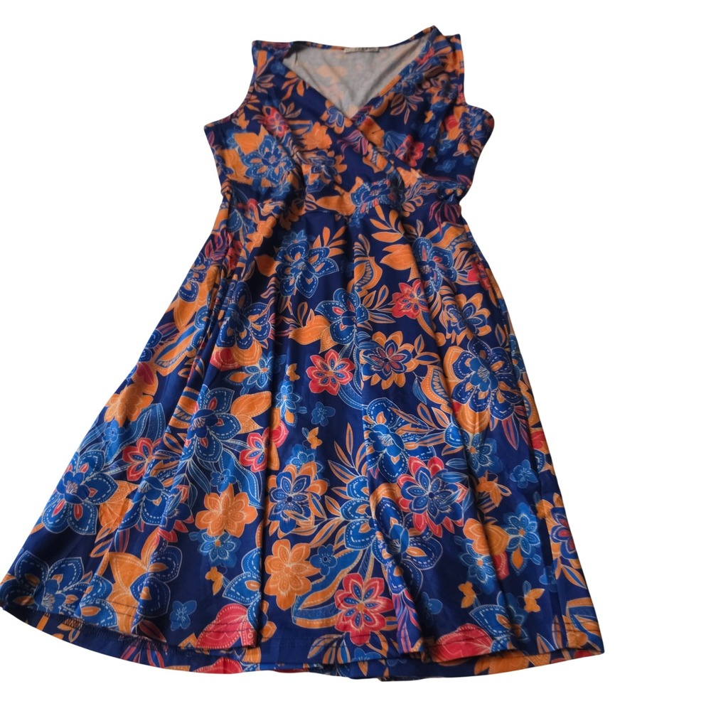 Guberry Women Blue Orange Tropical Floral Faux Wrap Sleeveless Dress Medium